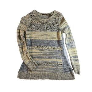 Heather B Marled Cotton Open Knit Sweater XS Gray Mustard Boho Textured Pullover